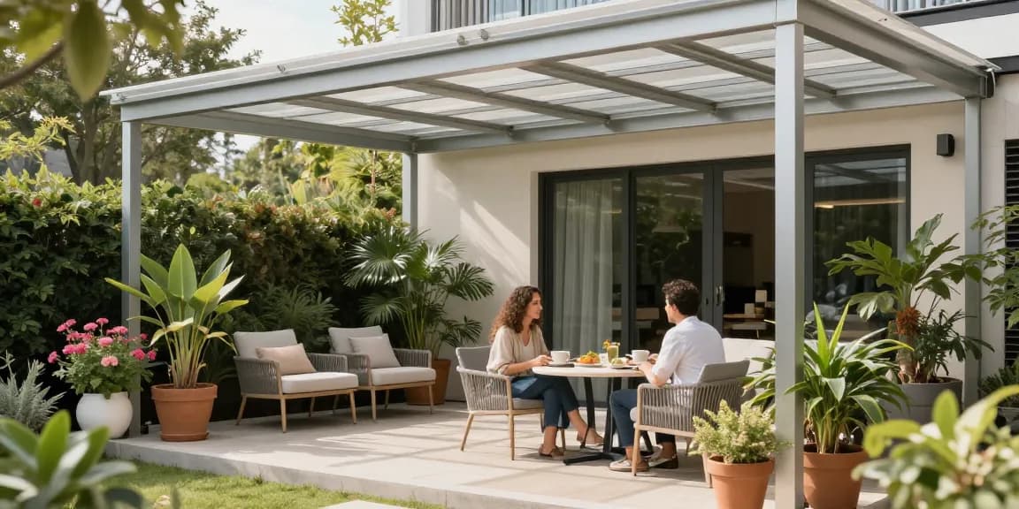 Elegante Terrassenüberdachungen in einem sonnigen Außenbereich mit stilvollem Mobiliar und Pflanzen.