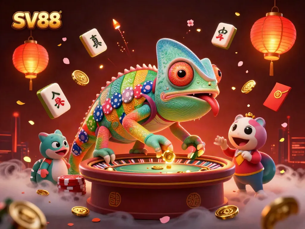 Experience thrilling gameplay at SV88 with a vibrant chameleon casino owner amidst colorful gambling elements.