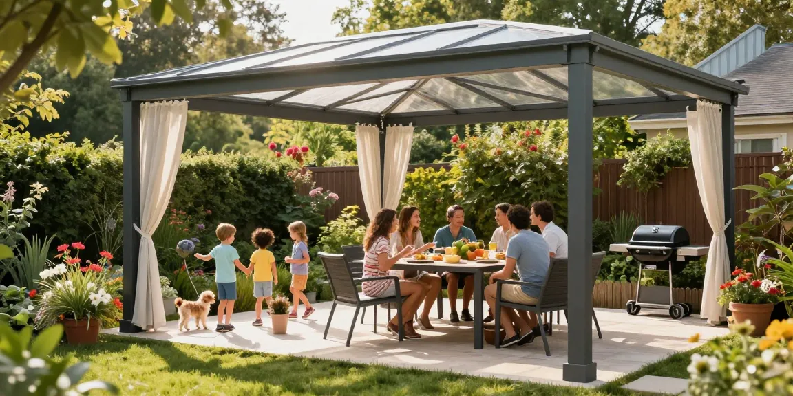 Terrassenüberdachung freistehend im Garten mit Familie am Esstisch in sonniger Atmosphäre.