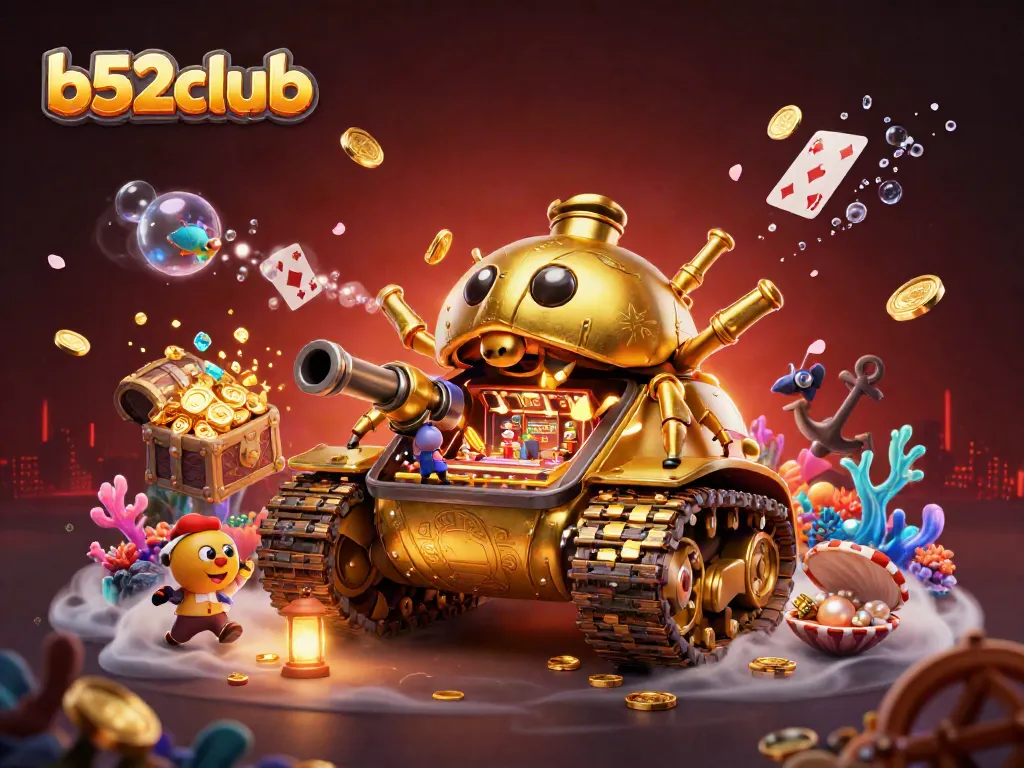 Engage in thrilling games at b52club, showcasing a lively cartoon casino scene with rich gold and vibrant colors.