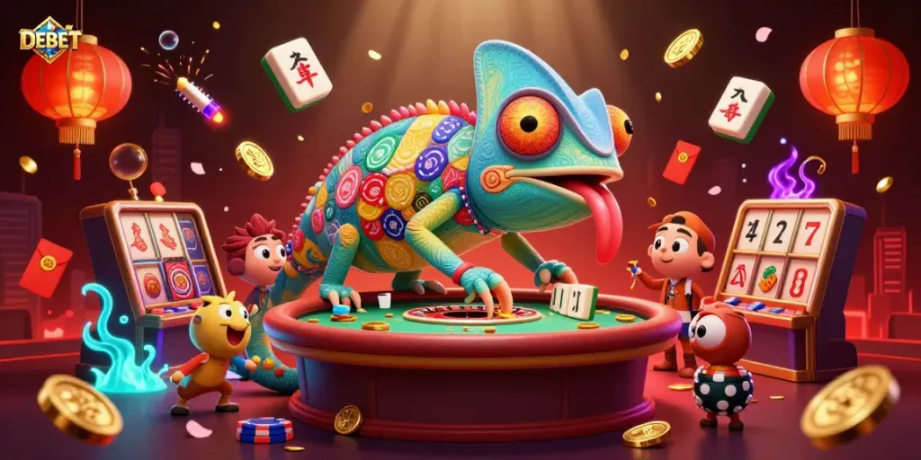 Engage in thrilling casino experiences with DEBET's vibrant 3D illustration highlighting action-packed gaming elements.
