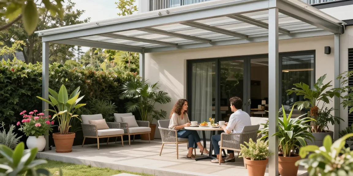 Elegante Terrassenüberdachungen in einem sonnigen Außenbereich mit stilvollem Mobiliar und Pflanzen.