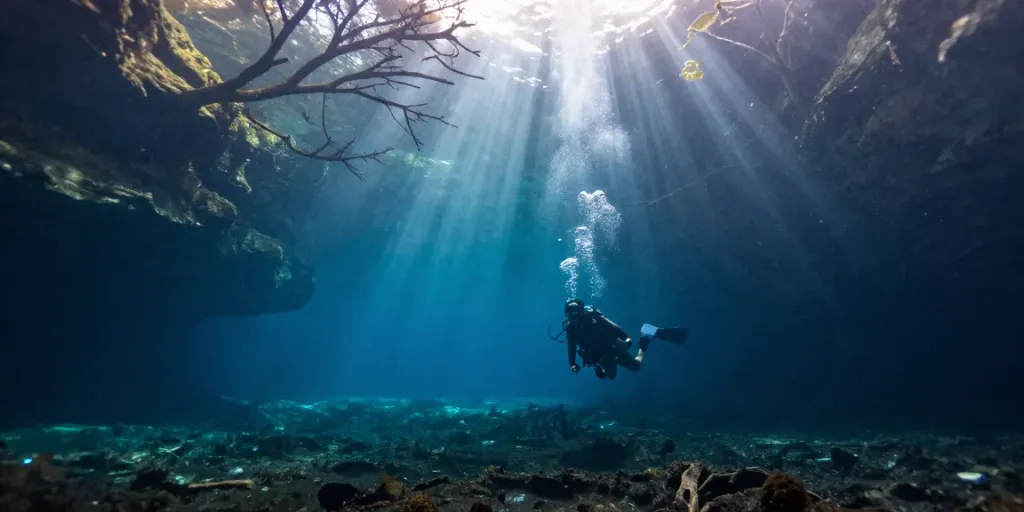 Scuba-Taucher erkundet die einzigartigen Haloklinen im cenote el pit mit gespenstischen Baumästen und Lichtstrahlen.