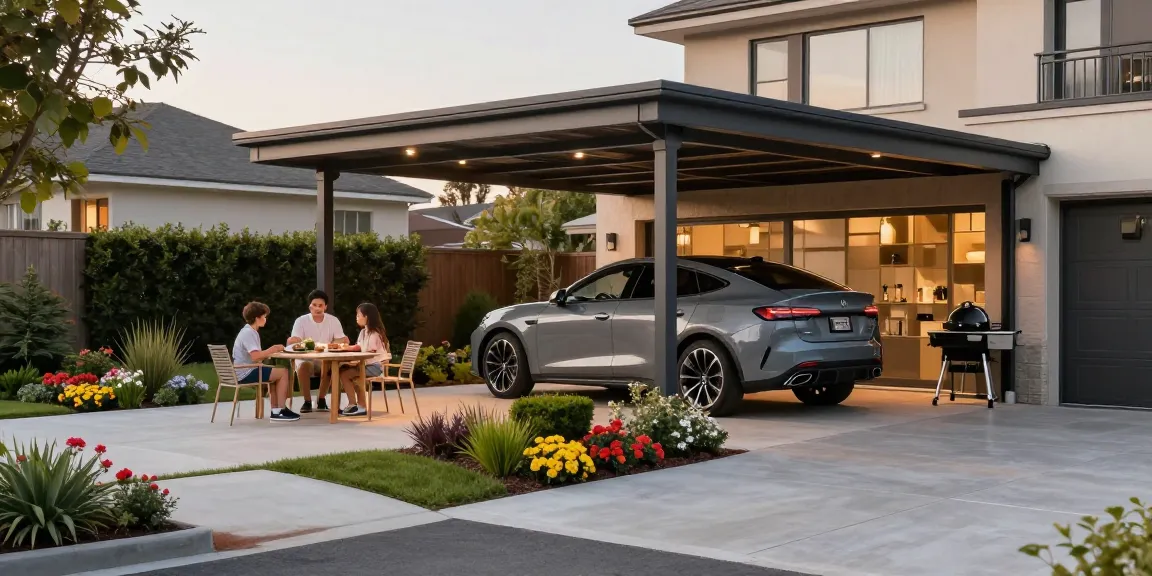 Carport schützt elegantes Auto in stilvollem Garten bei Sonnenuntergang.
