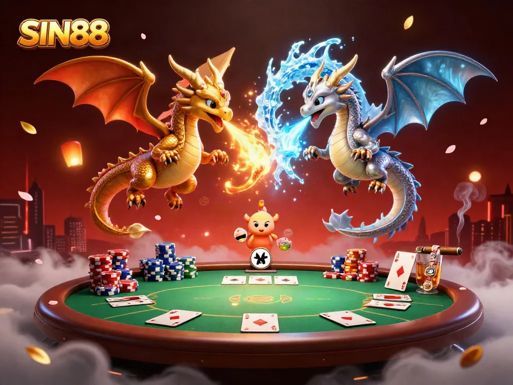 Experience immersive gameplay with SIN88's dynamic poker scene featuring dazzling dragons and vibrant casino elements.