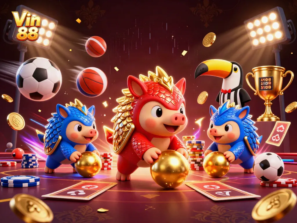Engage with Vin 88's thrilling gambling world in vibrant 3D cartoon scene featuring pangolins and casino elements.