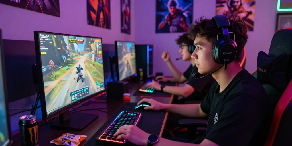 Gamer focused on gaming with rokok88 energy drink and colorful setup