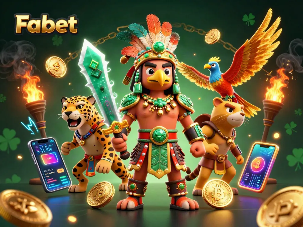 Engage with Fa bet in a vibrant casino scene featuring 3D Aztec warriors and crypto elements.