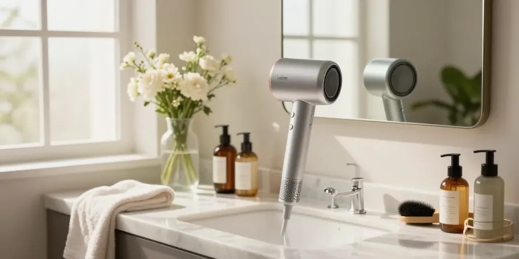 Hochwertiger Ionen-Haartrockner in modernem Badezimmer mit stilvollen Pflegeprodukten.