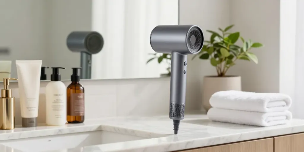 Föhn ohne Hitzeschäden in einem modernen Badezimmer mit Luxuriösität und Pflegeprodukten.