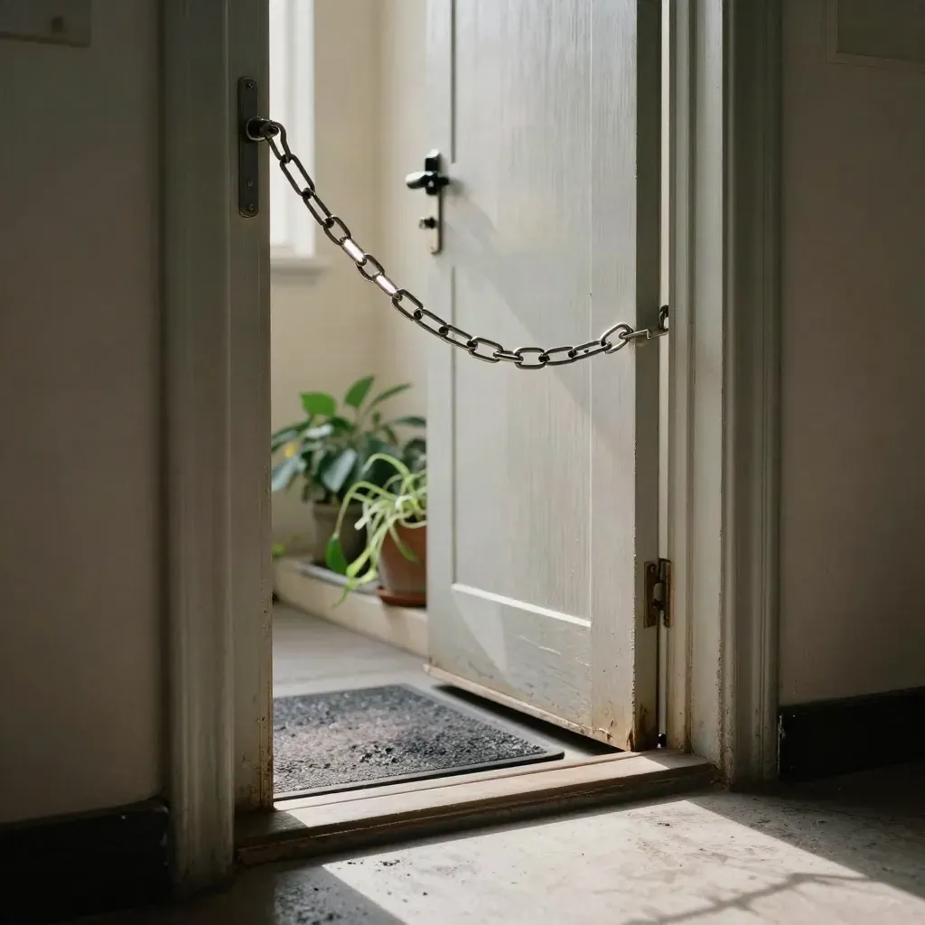 Wohnungstür mit Türkette, Spion, zwei Zimmerpflanzen und nasser Fußmatte im Morgenlicht