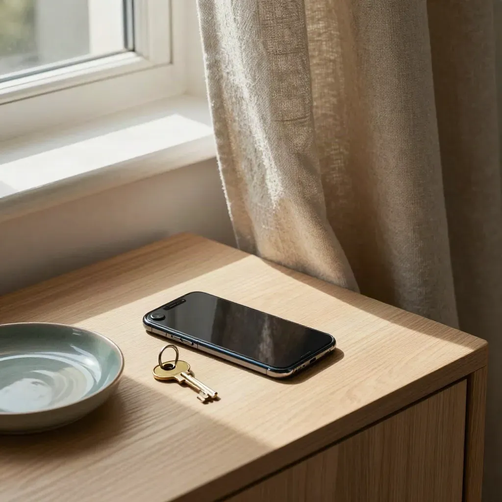 Smartphone, Hausschlüssel und Keramikschale auf Nachttisch neben zugezogenem Vorhang.