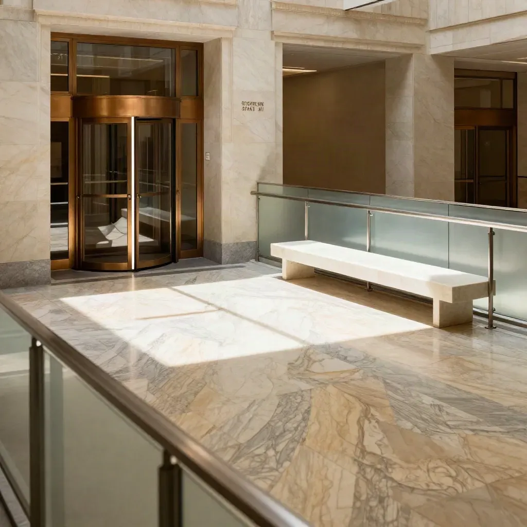 Leere Lobby eines Amtsgebäudes mit Marmorboden, Bronzetür und Bank im Seitenlicht.