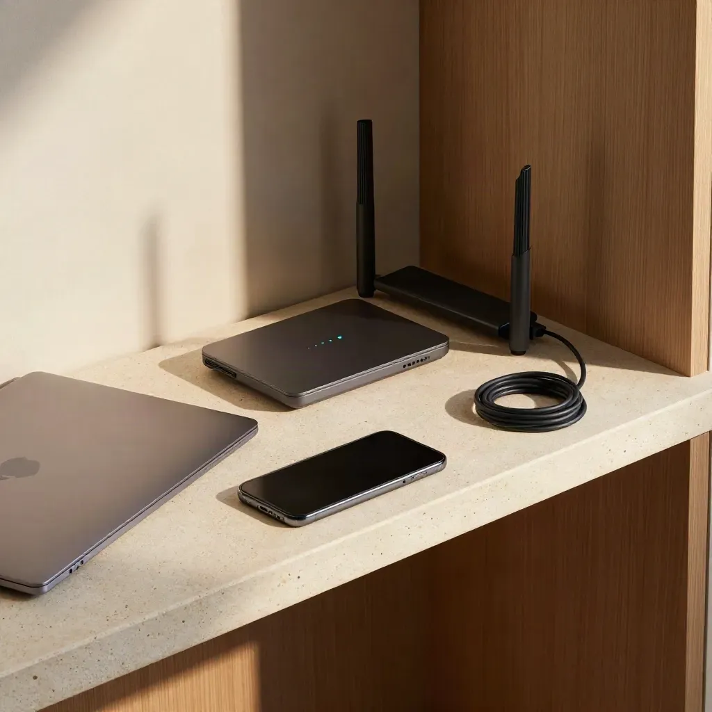Top-down auf einem Steinsims: Laptop, Router, Handy und Kabel im leisen Abendlicht.