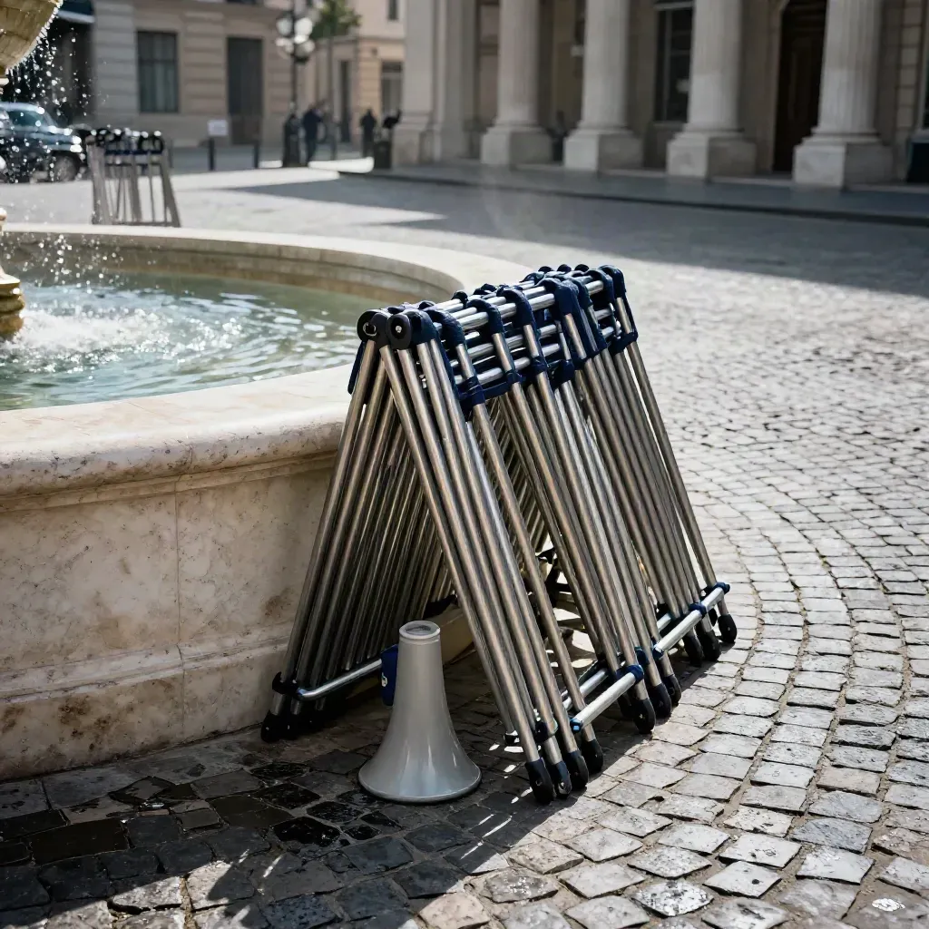 Leerer Platz mit gestapelten Absperrungen, Megafon und nassem Pflaster am Brunnen.