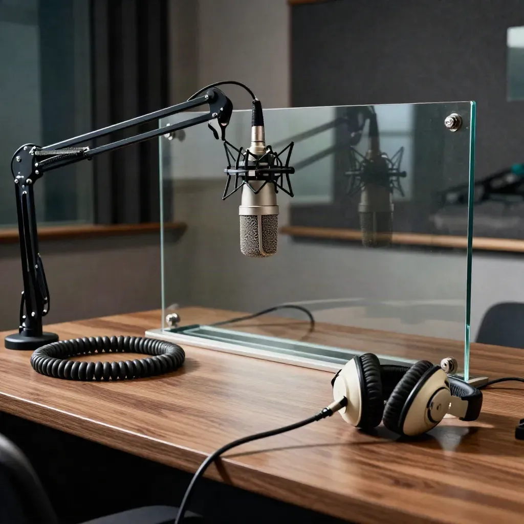 Radiomikrofon mit Kopfhörern und Glas-Schallwand im stillen Studio.