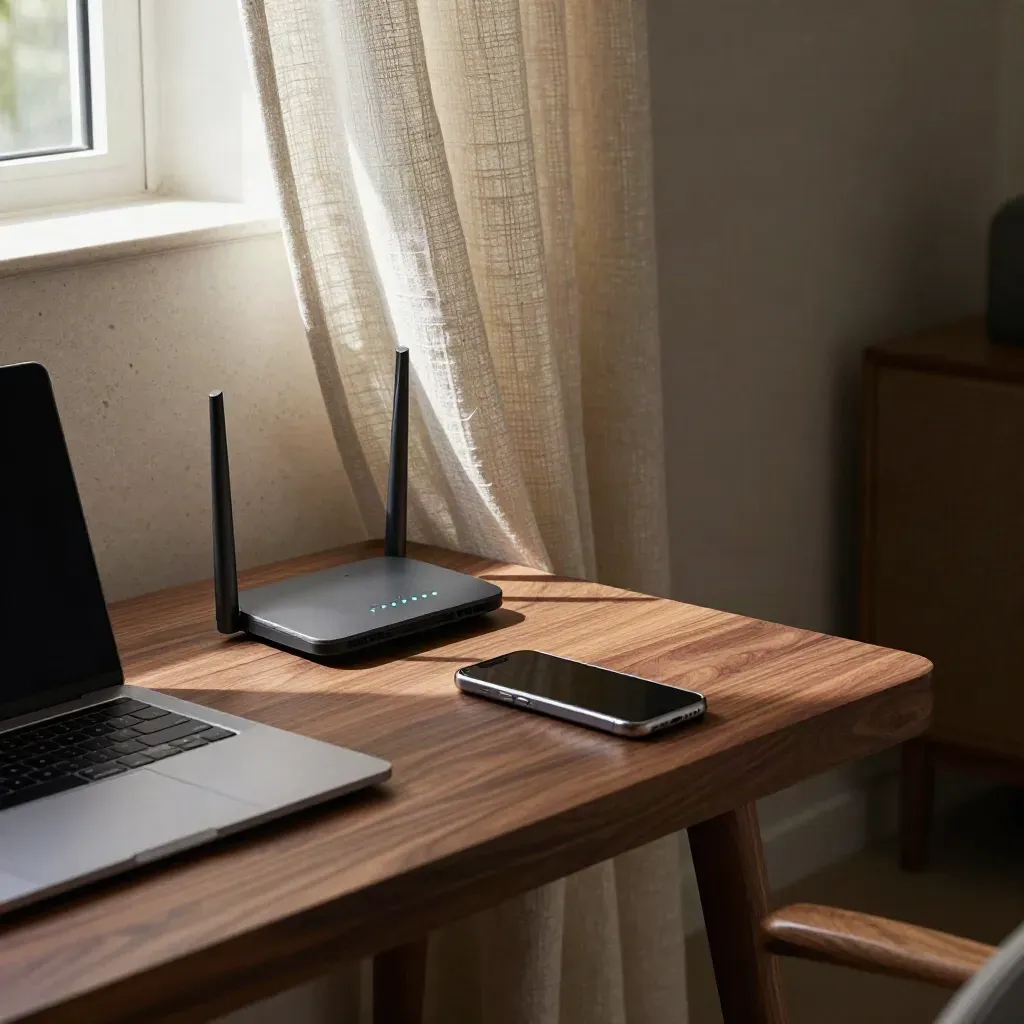 Geschlossener Laptop, Router und Handy auf einem Schreibtisch, halboffener Vorhang, dunkles Zimmer