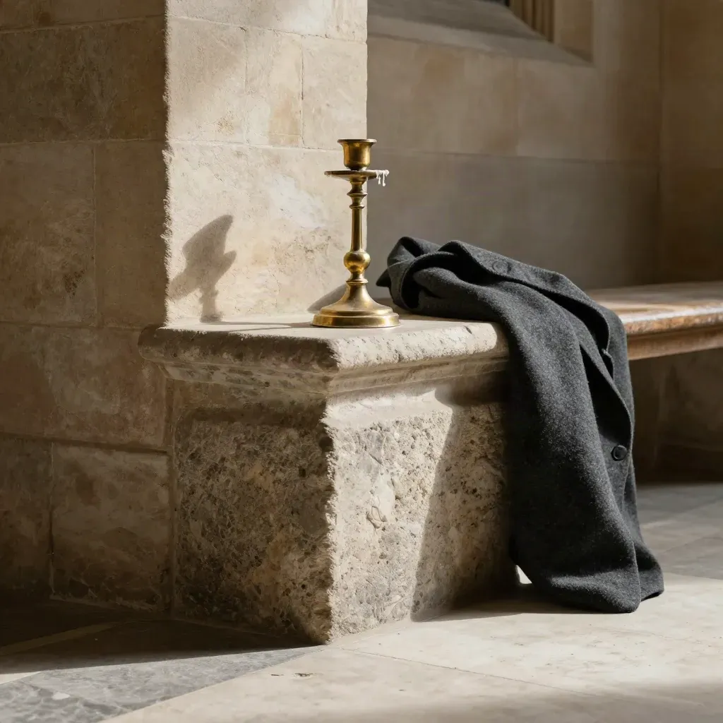 Kapellenschwelle neben Kirchenmauer, Kerzenständer, gefalteter Mantel und Bank im Licht