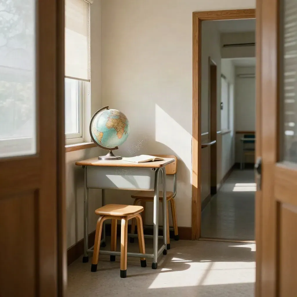 Klassenzimmerecke mit Globus, geschlossenem Heft, Hockern und halb gezogenem Rollo im Morgenlicht