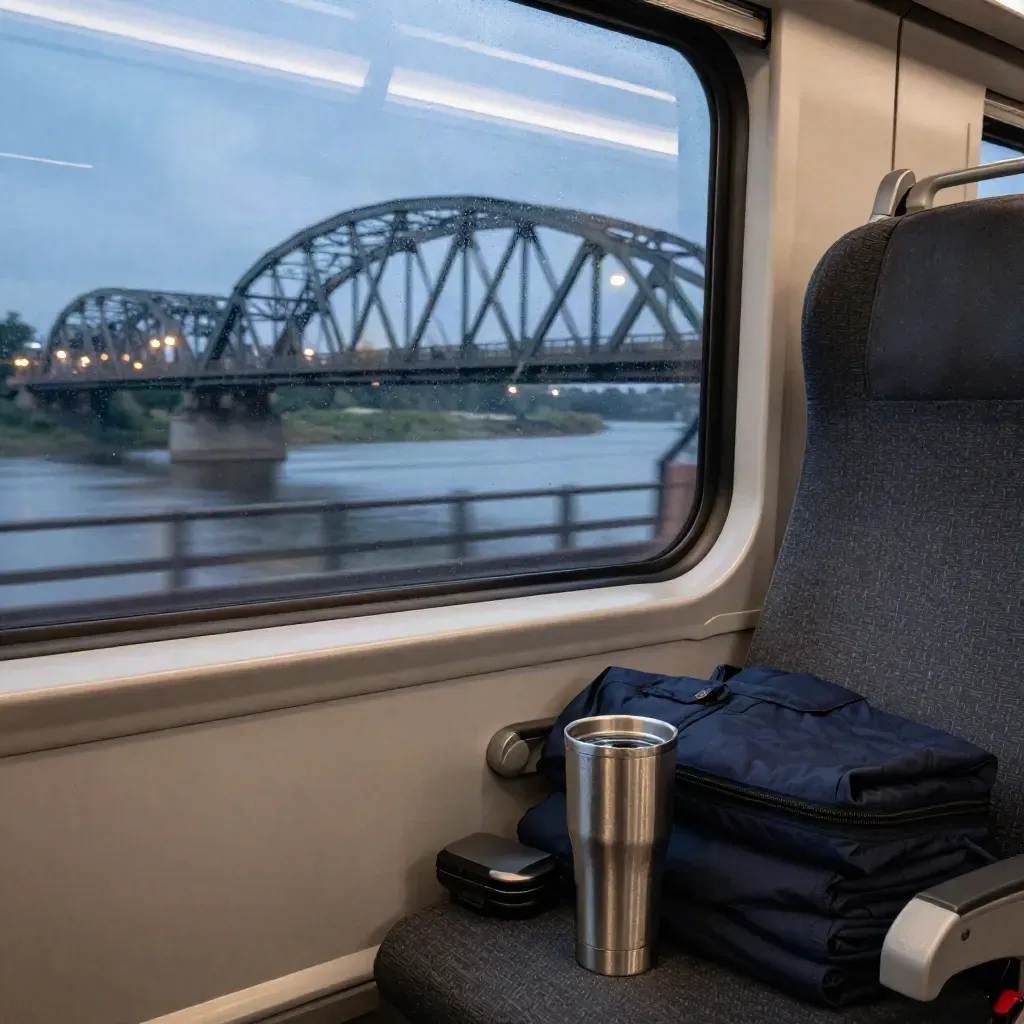 Ansicht aus dem Zugfenster über einer Stahlbrücke mit Jacke, Becher und Etui auf dem Sitz.