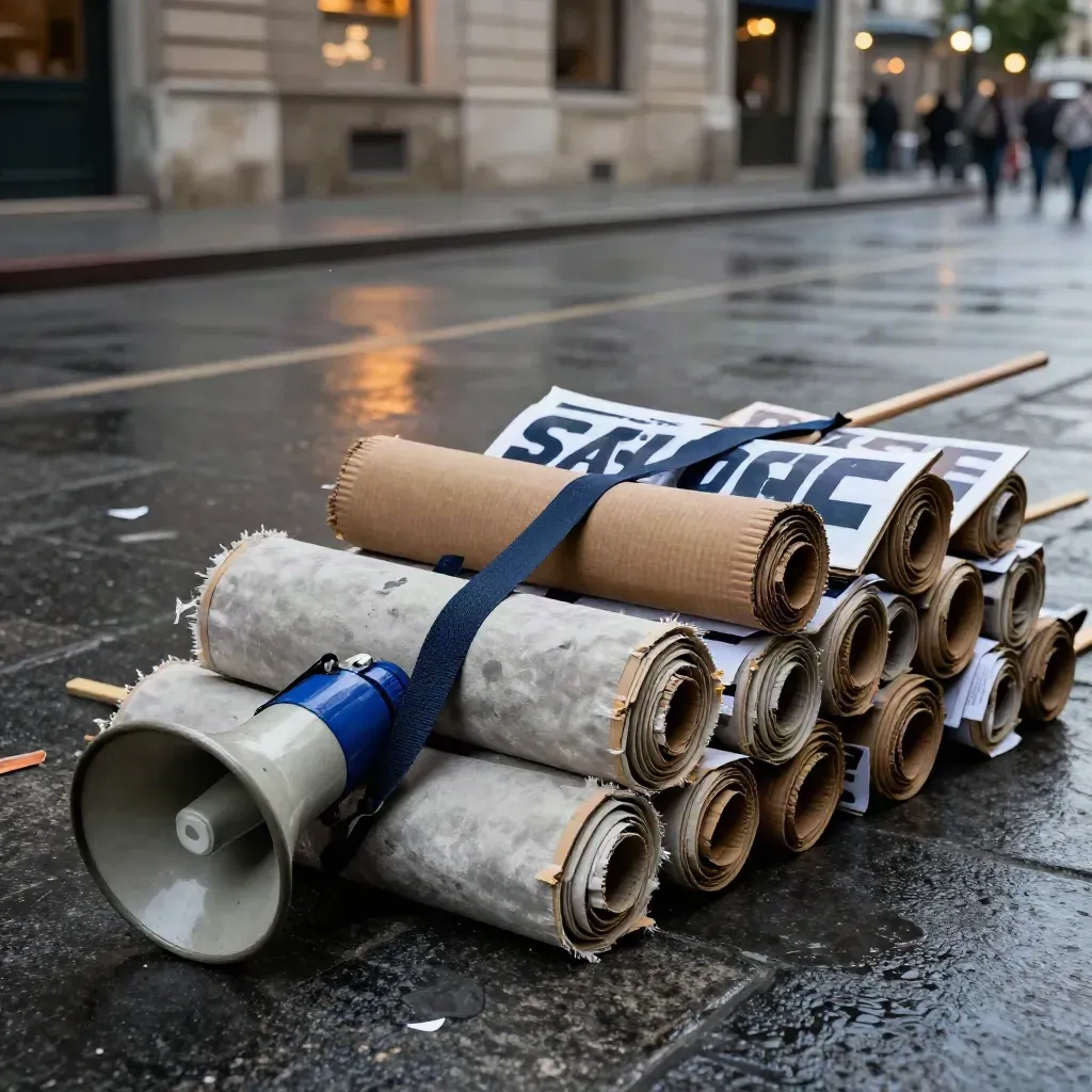 Rolled Protestbanner, Megafon und umgedrehte Plakate nach einer Demo auf Steinpflaster.