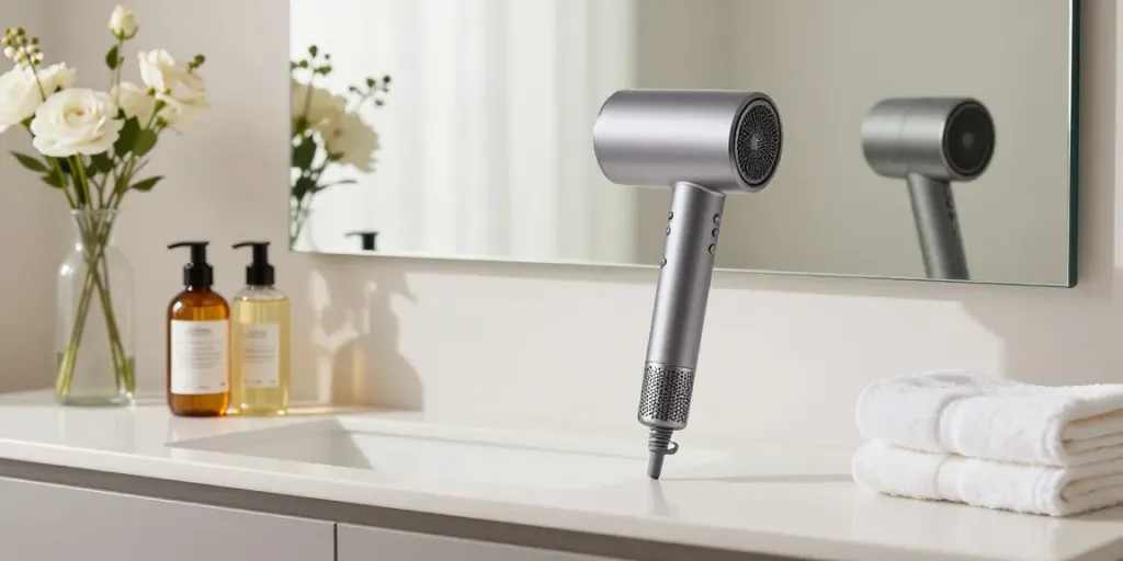 Eleganter ionen föhn auf einem modernen Waschtisch mit Haarpflegeprodukten in einem stilvollen Badezimmer.