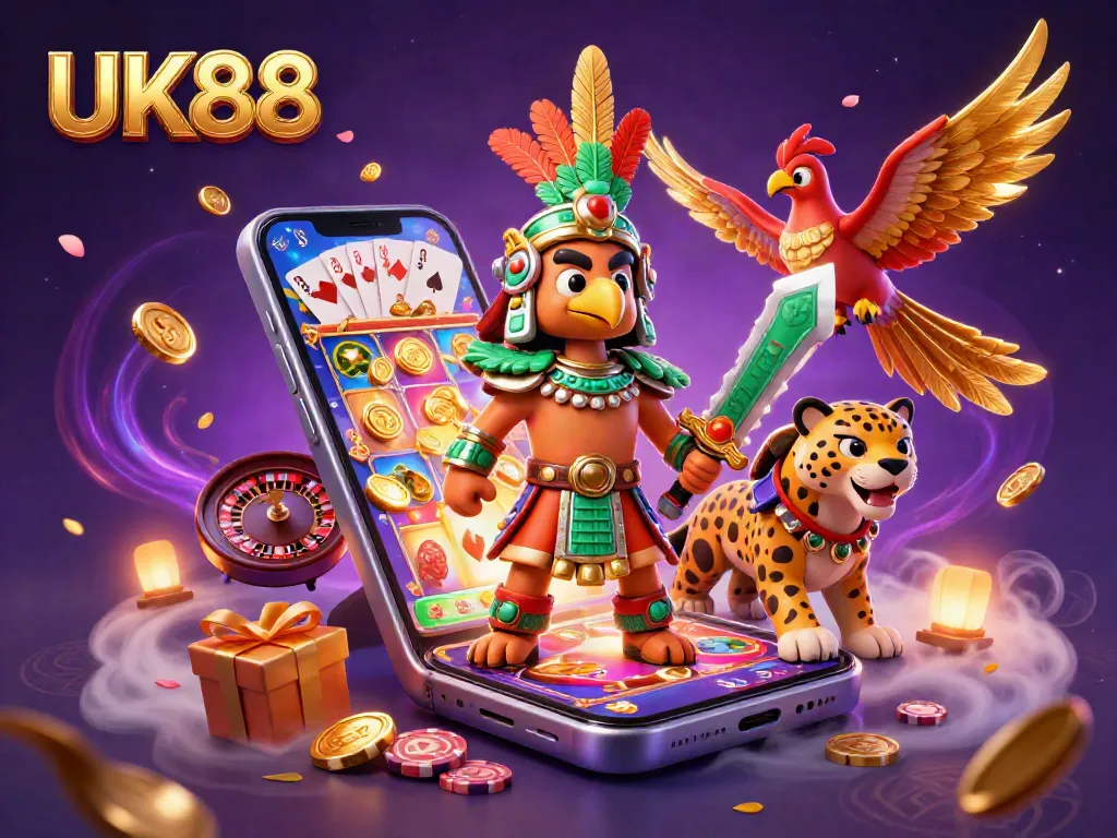 Engage with UK88's thrilling casino experience featuring dynamic game elements and vibrant characters.