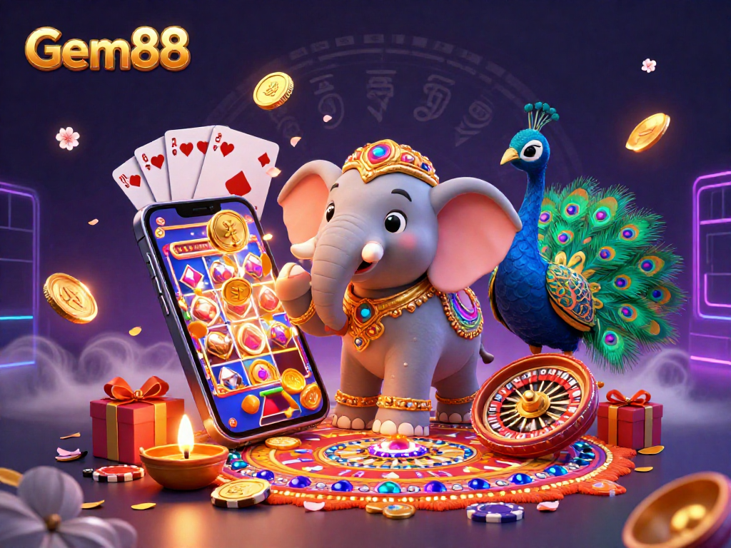 Try your luck with Gem88 at this vibrant 3D casino scene featuring spinning slots and colorful characters.