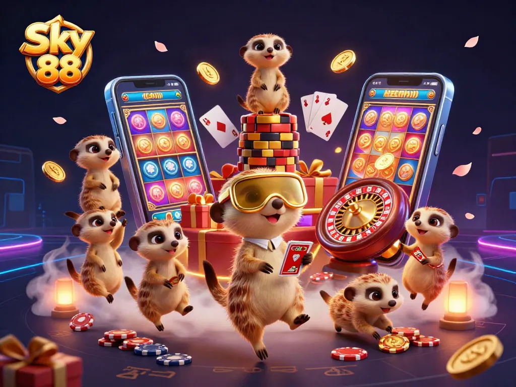 Experience vibrant gaming action with Sky 88 meerkats operating a lively casino.