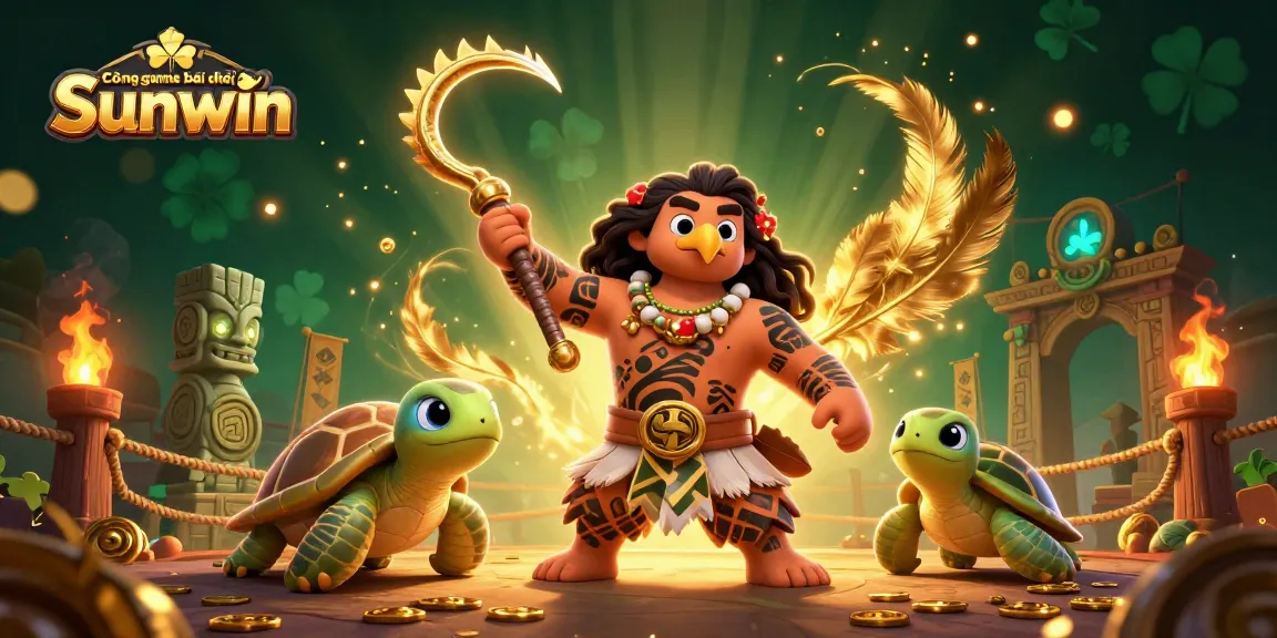 Cổng game bài đổi thưởng Sunwin presents a vibrant 3D scene with a Maui-style demigod and turtle in a casino environment.