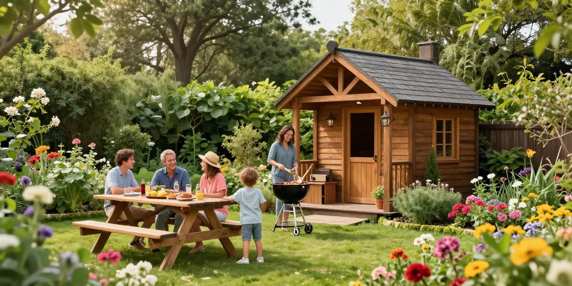 Holz Gartenhaus umgeben von bunten Blumen und spielenden Kindern im Garten.