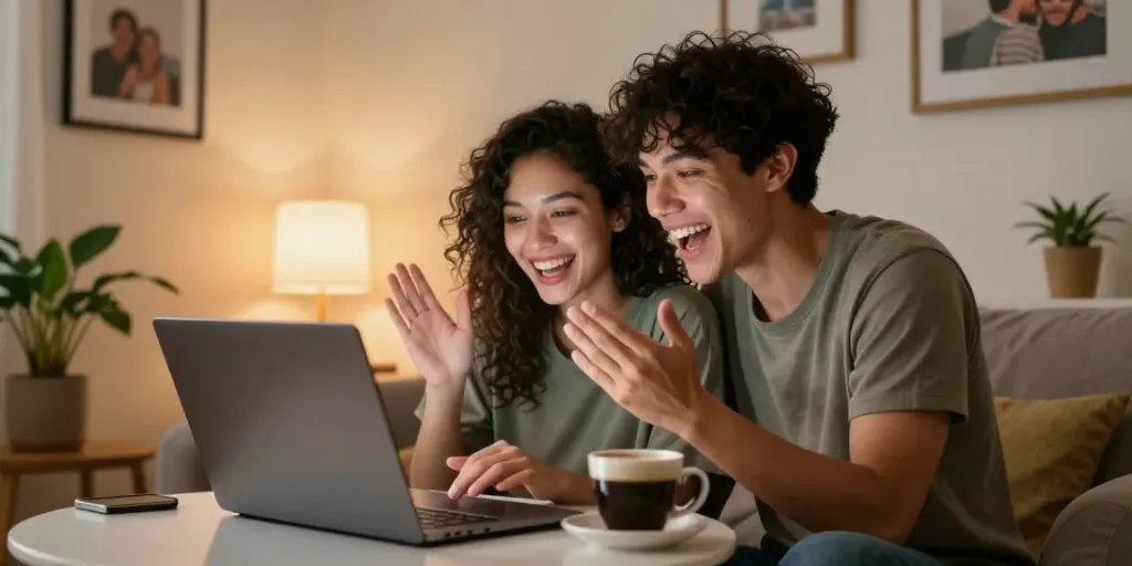 Couple enjoying a lively sex chat on a laptop in a cozy setting.