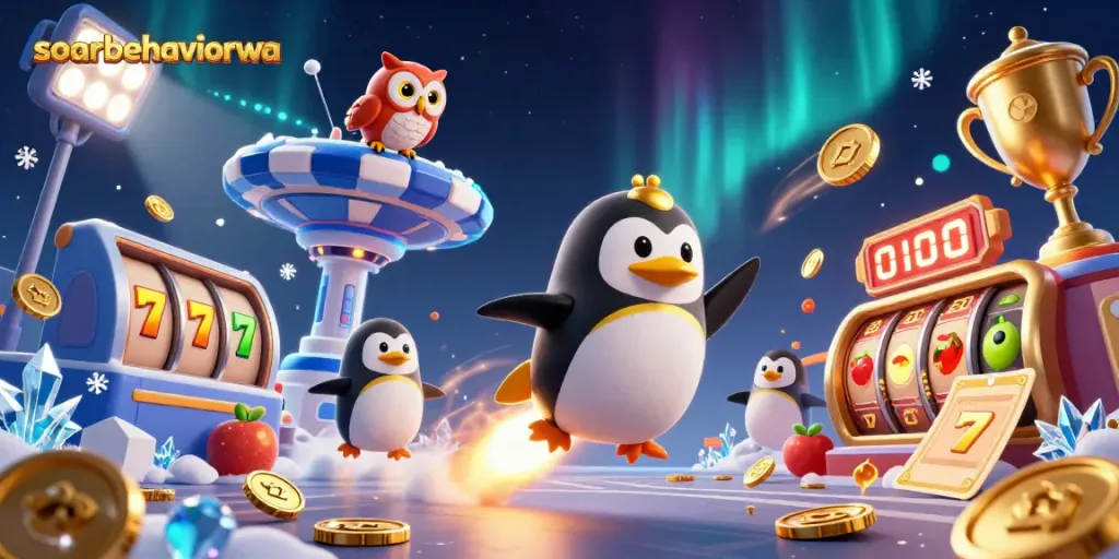 Engage with soarbehaviorwa in a thrilling casino adventure featuring a golden penguin amidst vibrant game elements.