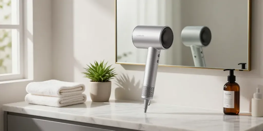Laifen Air Pro Haartrockner auf einer eleganten Marmoroberfläche mit Pflanzen und Handtüchern.