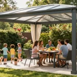 Terrassenüberdachung freistehend im Garten mit Familie am Esstisch in sonniger Atmosphäre.