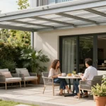Elegante Terrassenüberdachungen in einem sonnigen Außenbereich mit stilvollem Mobiliar und Pflanzen.