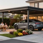 Carport schützt elegantes Auto in stilvollem Garten bei Sonnenuntergang.