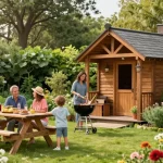 Holz Gartenhaus umgeben von bunten Blumen und spielenden Kindern im Garten.